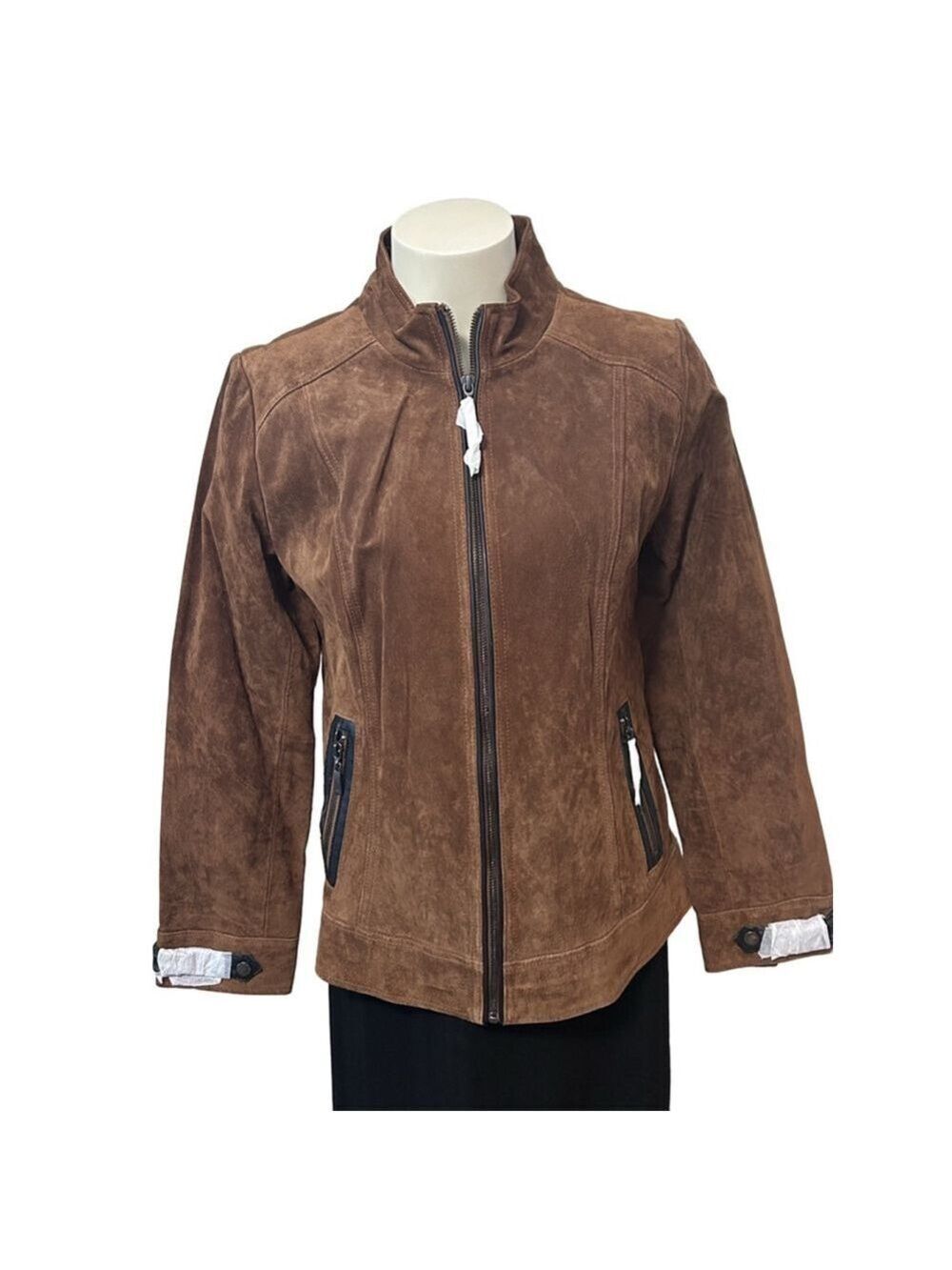 Dennis Basso Brown Suede Leather Jacket M Zip Front Black Trim Designer Outerwea